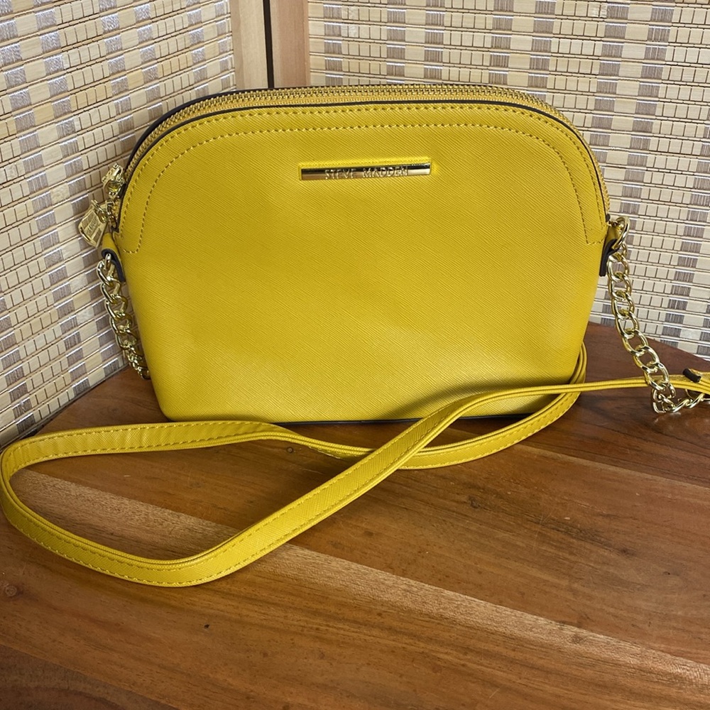 Steve Madden Mustard Yellow Embossed Logo Dome Crossbody Purse